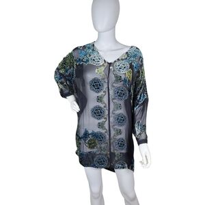 Citron Santa Monica Tunic Top Womens S Black Blue Velvet Burnout Oversized Sheer